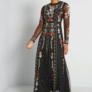 Frock & Frill Heather Embroidered Sequined Dress Black Floral Sheer Long sleeves